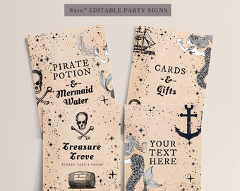 Pirate Mermaid Birthday Signs Editable - Pirate Birthday Party, Mermaid Birthday Party Decor, Pirate Decor, Card Favor Sign Instant Download