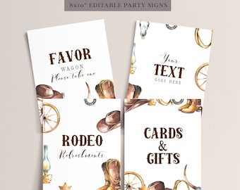 May include: Four printable 8x10 inch signs with a western theme. The signs feature a watercolor design of cowboy boots, hats, horseshoes, and other western imagery. The text on the signs reads "Favor Wagon Please Take One", "Your Text Goes Here", "Rodeo Refreshments", and "Cards & Gifts".