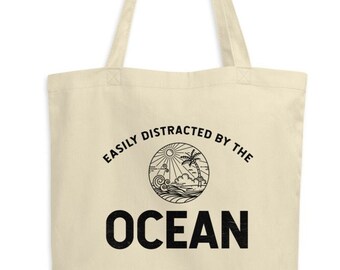 Easy Distracted By The Ocean Eco Tote Bag - Beach Canvas Tote Bag, Surfing Tote Bag, Ocean Reusable Bag, Surfing Lover Bag, Beach Lover Gift