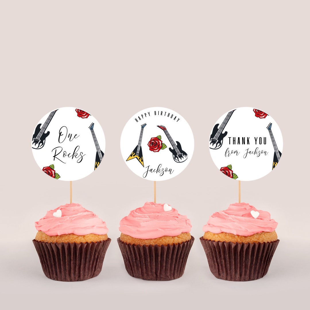 Music Cupcake Toppers - One Rocks Favor Tags, One Rocks Birthday Decor ...