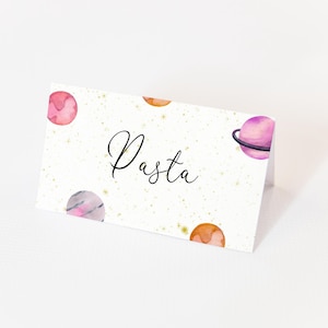 Ruimte plaatskaart meisjes verjaardag - ruimte voedseletiketten, ruimte thema feestdecor roze, ruimte verjaardagsfeestje gunsten, bewerkbare Instant Download