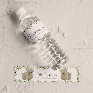Etiquetas de botellas de agua de fiesta de Koala - Favores de fiesta de Koala, Decoraciones de cumpleaños de Koala, Suministros de fiesta de Koala, Tema de animales, Descarga editable de oso