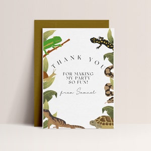 Carte de remerciement d'anniversaire reptile modifiable - carte de remerciement reptile 3,5 x 5", fête des reptiles, carte de remerciement gecko lézard serpent, téléchargement immédiat