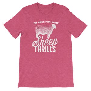 May include: A pink heather t-shirt with a white graphic of a sheep and the text "I'm here for some sheep thrills".