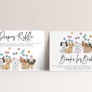 Livre de baby shower de chiot et carte de tombola de couches - décoration de baby shower sur le thème chien, inserts d'invitation de baby shower de chiot, téléchargement immédiat modifiable