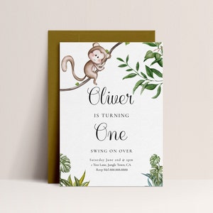Monkey Birthday Invitation -Monkey Birthday Invite, Jungle Invitation, Wild Invitation, Second birthday, Greenery, Editable Instant Download