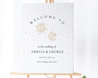 Celestial Wedding Sign - Moon Wedding Decor, Stars Wedding Welcome Sign, Celestial Wedding Centerpiece, Gold, Editable Printable Download