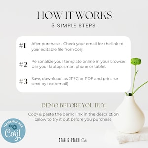 May include: A white background with a green plant in a white vase. The text "HOW IT WORKS" is in black at the top of the image. Below the text is "3 SIMPLE STEPS" in black. The steps are numbered 1, 2, and 3 in black. Each step is described in black text. The text "PERSONALIZE WITH Coryl" is in a circle with a gear icon in the lower left corner. The text "DEMO BEFORE YOU BUY!" is in black. Below the text is "Copy & paste the demo link in the description below to try it out before you purchase." in black. The text "STAG & PEACH Co." is in black at the bottom of the image.