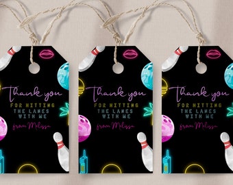 Bowling Birthday Favor Tag - Bowling Party Favor Label, Neon Bowling Thank You Tags, Girl Bowling Party Favor Tag, Editable Instant Download