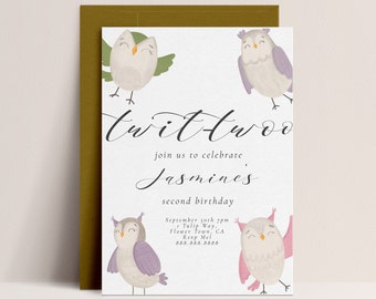 Owl Birthday Invitation - Owl Theme Birthday Invite, Woodland Owl Invitation, Second Birthday Invite, Two, Birds, Editable Digital Download