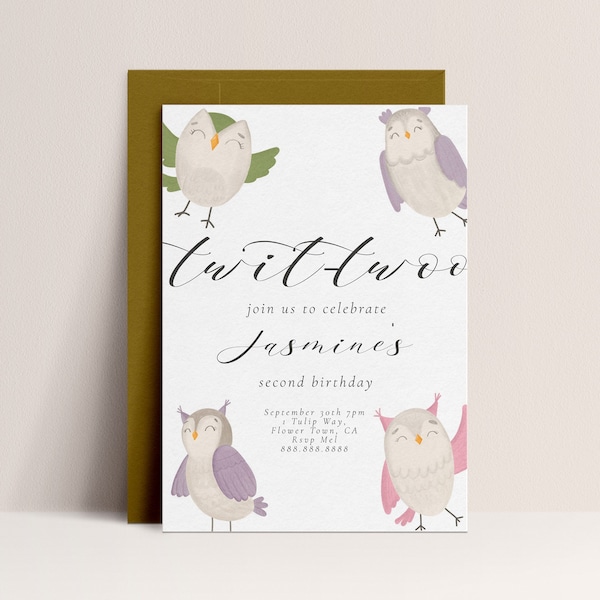 Owl Birthday Invitation - Owl Theme Birthday Invite, Woodland Owl Invitation, Second Birthday Invite, Two, Birds, Editable Digital Download