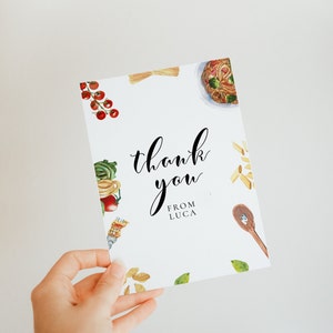 Cartão de agradecimento de aniversário de macarrão - aniversário de espaguete, agradecimento de aniversário italiano, tema de culinária, decoração de tema de chef, download instantâneo editável