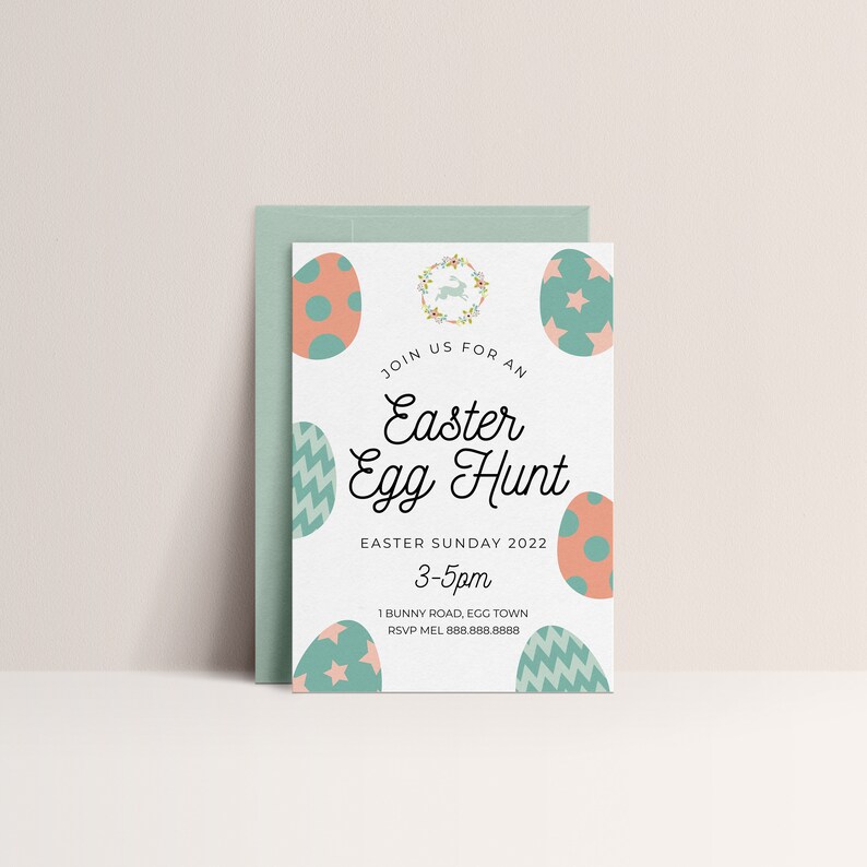 May include: An invitation to an Easter Egg Hunt on Easter Sunday 2022 from 3-5pm. The invitation features a pastel green and orange color scheme with a bunny rabbit and eggs. The address is 1 Bunny Road, Egg Town and the RSVP number is 888.888.8888.