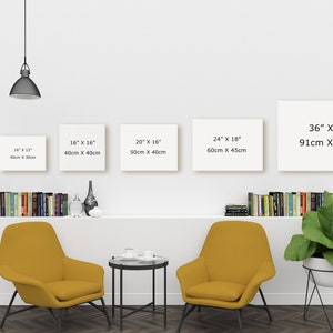 May include: Five white canvases of different sizes are displayed on a white wall. The canvases are labeled with their dimensions in inches and centimeters. The canvases are arranged in a row from smallest to largest. The smallest canvas is 12 inches by 12 inches (30cm x 30cm) and the largest canvas is 36 inches by 24 inches (91cm x 61cm).