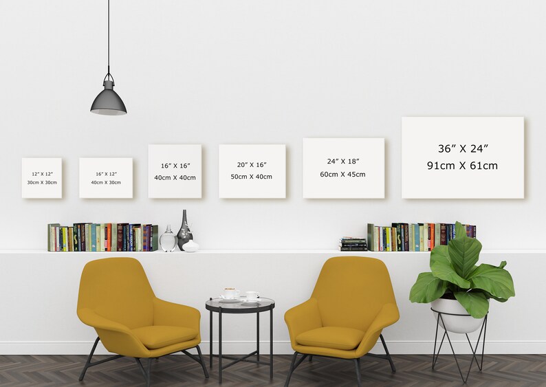 May include: Five white canvases of different sizes are displayed on a white wall. The canvases are labeled with their dimensions in inches and centimeters. The canvases are arranged in a row from smallest to largest. The smallest canvas is 12 inches by 12 inches (30cm x 30cm) and the largest canvas is 36 inches by 24 inches (91cm x 61cm).
