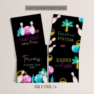 Signos de cumpleaños de bolos -Decoración de fiesta de bolos para niñas, cumpleaños de bolos para niños, banner de cumpleaños imprimible de fiesta de bolos, descarga instantánea editable