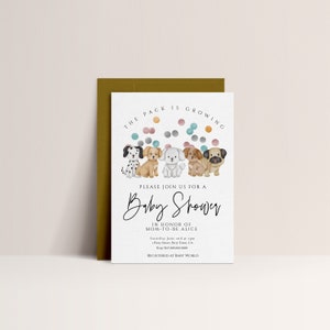 May include: A baby shower invitation with a watercolor illustration of a pack of dogs. The text reads "The pack is growing. Please join us for a baby shower in honor of Mom-to-be Alice. Saturday June 2nd at 4pm. Party Seven, Party Town, CA. RSVP [phone number]. Registered at Baby World."