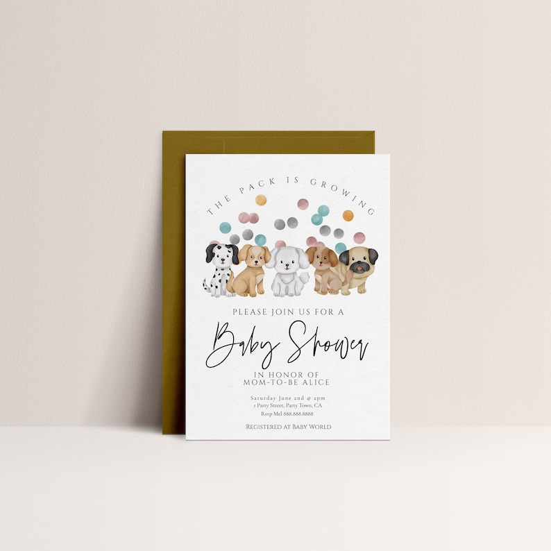 May include: A baby shower invitation with a watercolor illustration of a pack of dogs. The text reads "The pack is growing. Please join us for a baby shower in honor of Mom-to-be Alice. Saturday June 2nd at 4pm. Party Seven, Party Town, CA. RSVP [phone number]. Registered at Baby World."