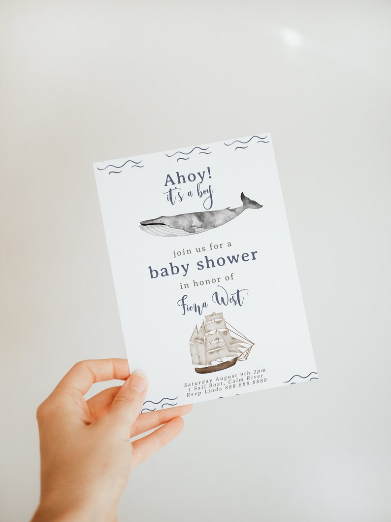 Sailboat Baby Shower Invitation Nautical Baby Shower Invitation, Boy Baby Shower Invite Blue, Whale Invitation, Editable Instant Download image 5