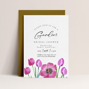Garden Bridal Shower Invitation-Tulip Bridal Shower Invite, Purple Bridal Shower Invite, Watercolor Flowers, Floral Invite Editable Download image 1