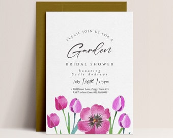 Garden Bridal Shower Invitation-Tulip Bridal Shower Invite, Purple Bridal Shower Invite, Watercolor Flowers, Floral Invite Editable Download