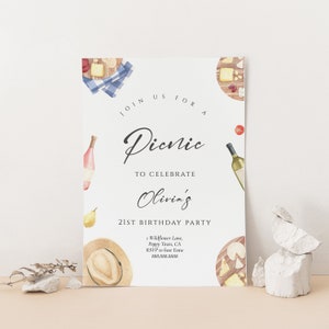 May include: A watercolor illustration of a picnic invitation with the text "Join us for a Picnic to celebrate Olivia's 21st Birthday Party". The invitation includes details for the party, including the address, RSVP information, and a phone number.