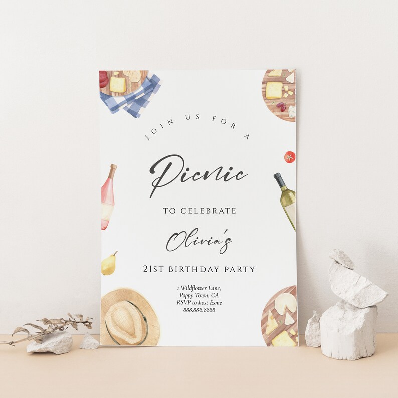 May include: A watercolor illustration of a picnic invitation with the text "Join us for a Picnic to celebrate Olivia's 21st Birthday Party". The invitation includes details for the party, including the address, RSVP information, and a phone number.