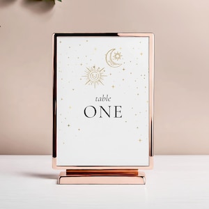 Plantilla de números de mesa para bodas celestiales: decoración de bodas celestiales, decoración de bodas, centro de mesa de bodas con estrellas y luna, descarga editable e imprimible