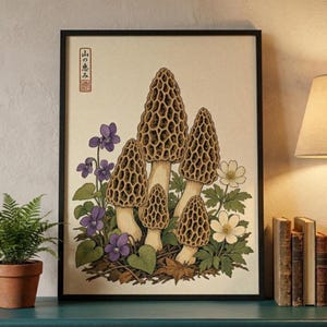Morel Mushroom Wall Art Print | Vintage Botanical Poster | Woodland Forest Decor | Funghi Illustration | Physical Print