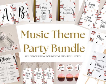 Music Birthday Decor Bundle - Music Birthday Invite, One Rocks Party Supplies, Music Theme Party Printables, Music Banner, Instant Download