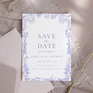 Chinoiserie Save The Date Card-Chinoiserie Hochzeitsvögel, Hochzeitseinladung Blau Toile, Dusty Blue Save The Date, bearbeitbarer digitaler Download