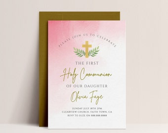 Pink Watercolor First Communion Invitation -First Holy Communion Invitation Girl, Pink Baptism Invite, Christening Editable Instant Download