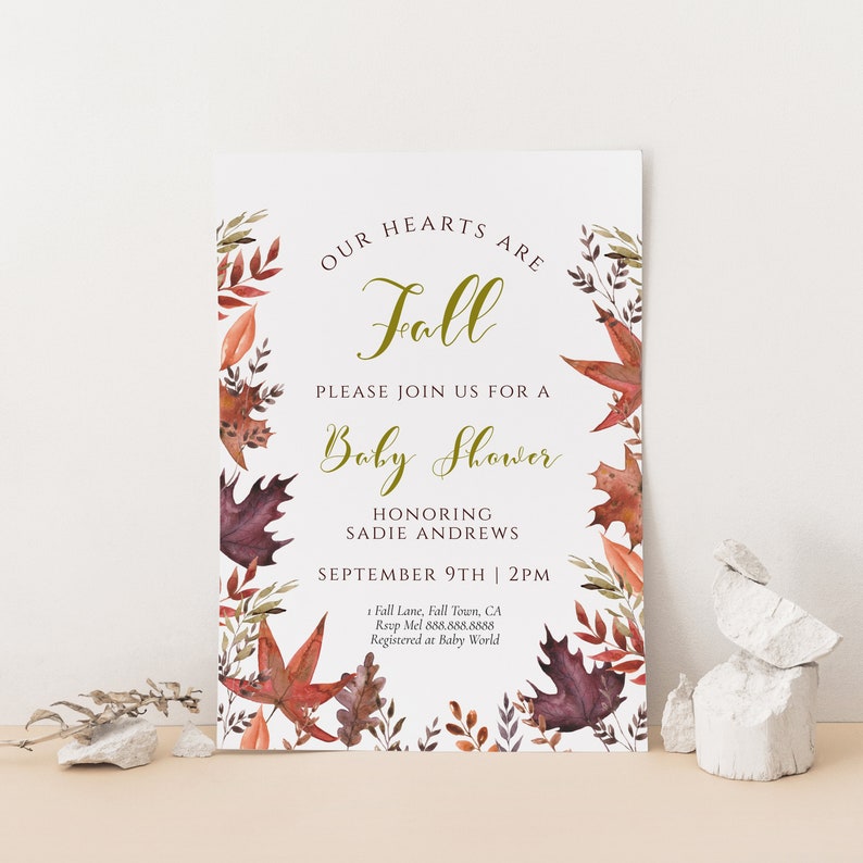 Fall Baby Shower Invitation Leaves Baby Shower Invitation, Autumn Baby Shower Invite, Foliage, Red & Gold, Rustic theme, Editable Download image 6