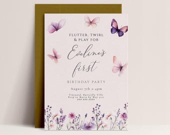 Butterfly Birthday Invitation Template-Editable Girl First Birthday Invite, Butterfly Party Invite, Printable Butterfly Theme Card Download