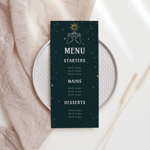 Hemelse Menu - Star Wedding Theme, Moon Theme Decor, Tarot Card Wedding Decor, Hemelse Bruiloft Menusjabloon, Bewerkbare Instant Download