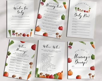 May include: A set of printable baby shower game cards featuring a watercolor illustration of vegetables. The cards include games like "Who Knows Mommy Best?", "Who's Memory?", "Who's Who?", "Guess Who's Baby Pic?" and "How Big is Mommy's Bump?"