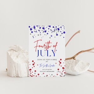 May include: Fourth of July BBQ invitation with red, white, and blue confetti. The invitation reads "Fourth of July" in red and blue lettering. The text also includes "Join us for a BBQ at The Smith's Garden, July 4th at 2PM. RSVP Matt 888.888.8888."