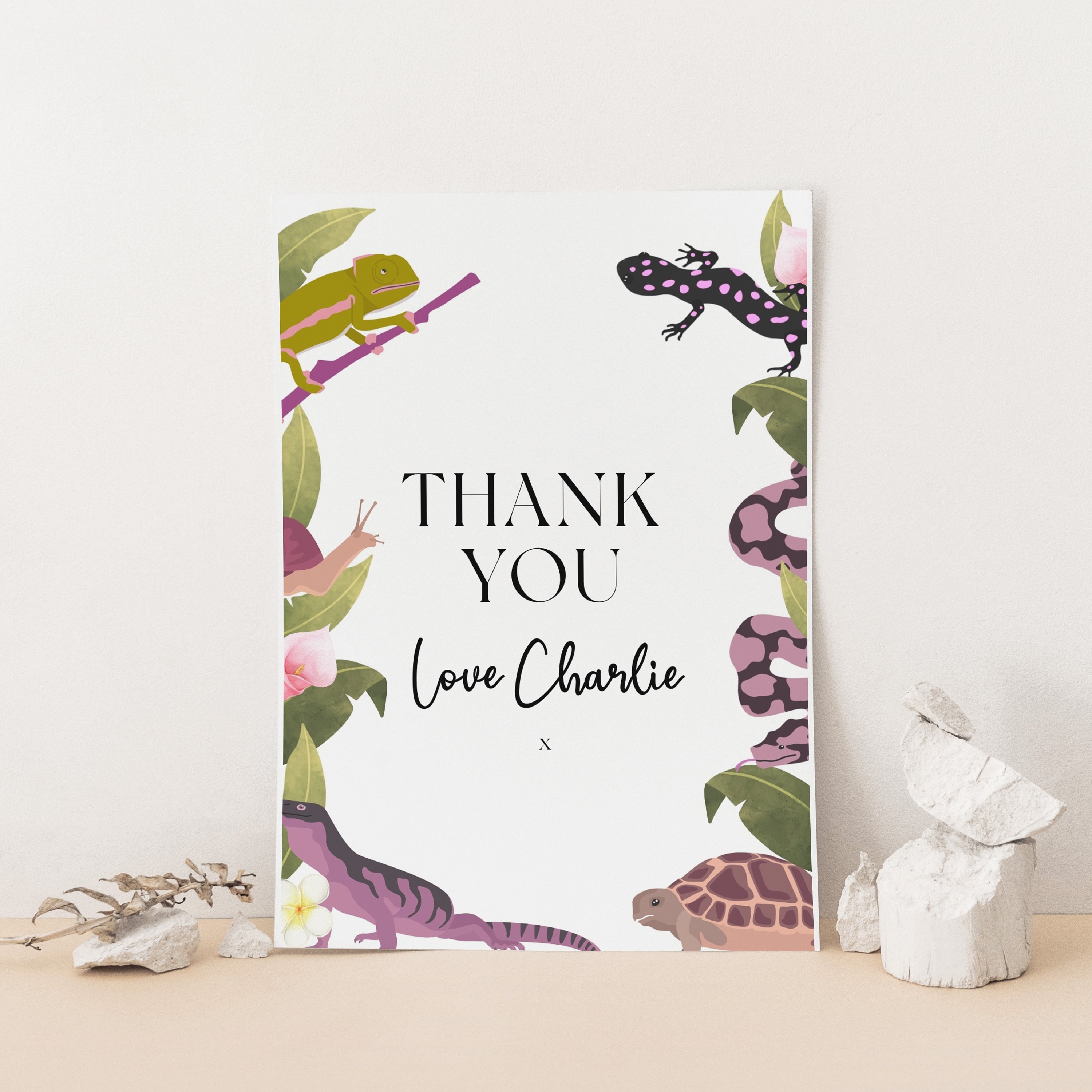 Lizard Thanks Girls Reptile Party Thank You Card Editable - Reptile Birthday Thank ...
