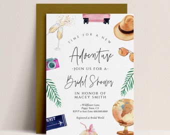 Adventure Bridal Shower Invitation-Travel Bridal Shower Invitation Template, Vintage Suitcase, Travel Bachelorette Editable Instant Download