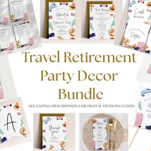 Pacchetto decorazioni per pensionamento di viaggio - Decorazioni per feste di pensionamento, Decorazioni a tema avventura, Invito a tema di viaggio, Segni, Bomboniere, Giochi, Download modificabili