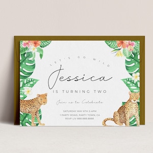 Leopard Birthday Invitation-Leopard Birthday Party Invite, Tropical Leaves Invitation, Safari Birthday Invitation, Editable Instant Download