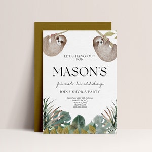 Sloth Birthday Party Invitation - Sloth Birthday Invite, Zoo Birthday Invitation, Kids Birthday Invite, Editable Digital Download