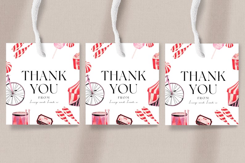 May include: Three white thank you tags with a circus theme. Each tag features a red and white striped tent, a pink and white striped candy cane, a pink and white cotton candy, a red and white striped popcorn bucket, a red and white striped drum, a red and white striped bicycle, and the text "Thank You" with "From" and a name below.