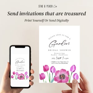 Garden Bridal Shower Invitation-Tulip Bridal Shower Invite, Purple Bridal Shower Invite, Watercolor Flowers, Floral Invite Editable Download image 3