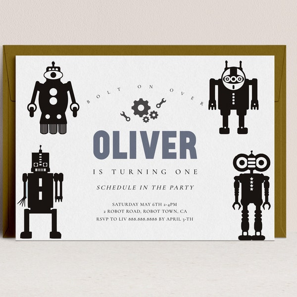 Robot Invitation - Robot Birthday Invitation, Robot Invite, Robot Theme, Robot Birthday Supply, Boys Party Decor, Editable Instant Download