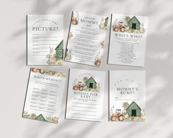 Juegos de baby shower de animales de granja: juegos de baby shower de animales de granja, decoración de baby shower con temática de granja, juegos de baby shower de tractor, descarga editable