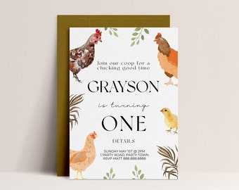 May include: A white invitation card with a watercolor illustration of chickens. The text reads "Join our coop for a clucking good time Grayson is turning one Details Sunday May 1st @ 2PM 1 Party Road, Party Town RSVP Matt 888.888.8888"