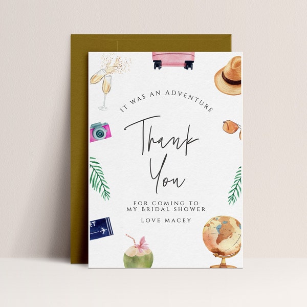 Travel Bridal Shower Thank You Card - Travel Bridal Shower Decor, Travel Bridal Shower Theme, Adventure Thank You Card, Editable Download