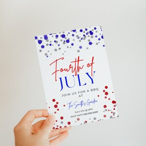 May include: Fourth of July BBQ invitation with red, white, and blue confetti. The Smith's Garden, July 4th at 2PM. RSVP Matt 888.888.8888.