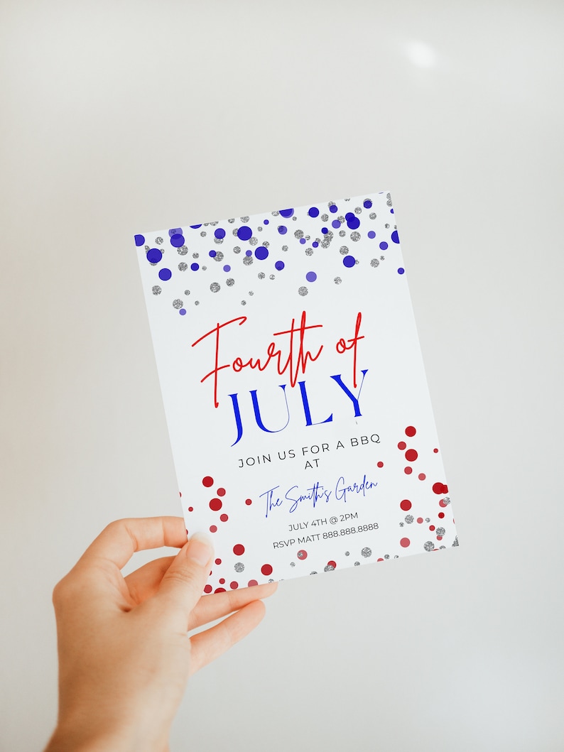 May include: Fourth of July BBQ invitation with red, white, and blue confetti. The Smith's Garden, July 4th at 2PM. RSVP Matt 888.888.8888.
